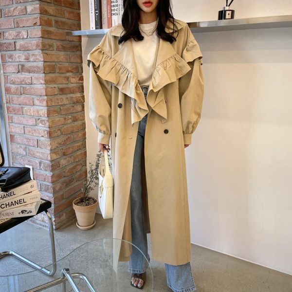 Женские плащи SuperAen, корейское шикарное осеннее длинное пальто с нишевыми лацканами и рюшами на кружевной талии, женская куртка