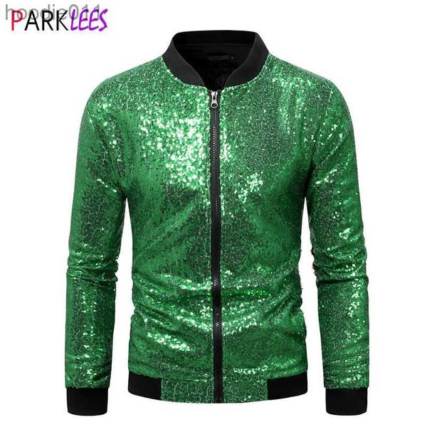 Mulheres Down Parkas Mens Brilhante Verde Lantejoulas Sparkle Jaquetas de Beisebol Zip Up 70's Disco Party Jackets Casacos Homens Stage Prom Traje Jaquetas Masculina L230920