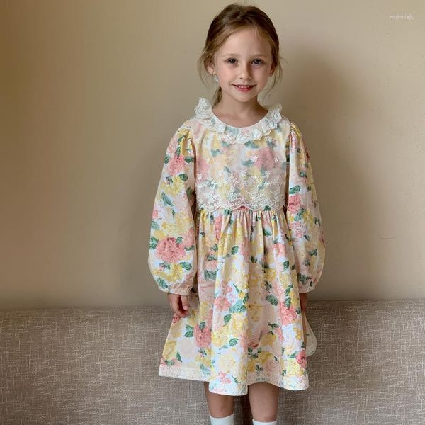 Mädchen Kleider Herbst 2023 Kinder Boutique Kleidung Baby Kleid Nette Spitze Kragen Koreanische Floral Bedruckte Langarm Mode Alle-spiel