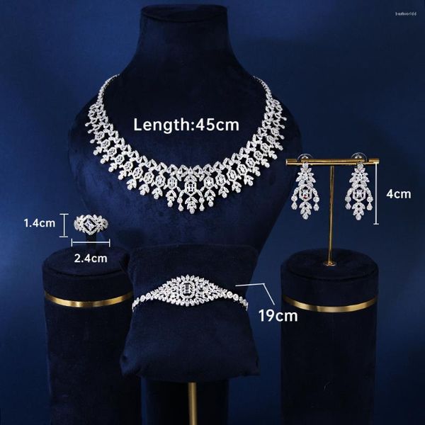 Collana Orecchini Set Africano 4 pezzi Gioielli da sposa Completo Cubic Zirconia Colore bianco Accessori per abiti da donna Collane da sposa Dubai