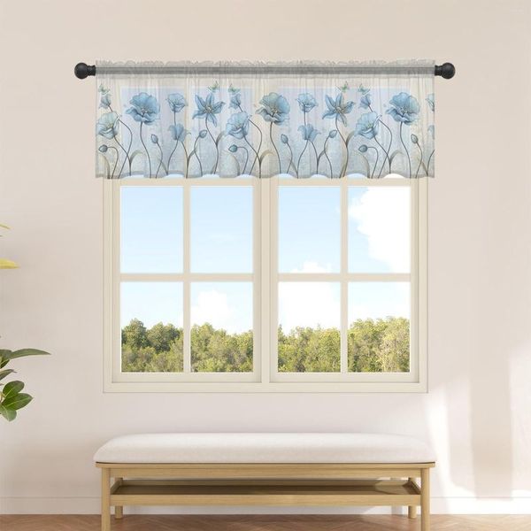 Cortina azul flor borboleta cortinas transparentes para cozinha café meio curto tule janela valance decoração de casa