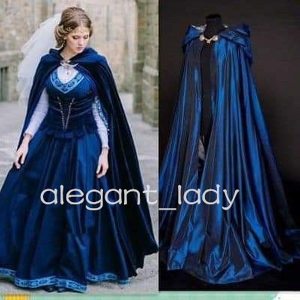 Azul marinho tudor traje vestidos de baile com capa história moda bordado espartilho idade média vestido de noite manga longa