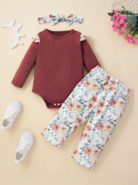 Set di abbigliamento Set da bambino Girocollo Manica lunga Pagliaccetto Pantaloni Fascia per capelli abbinata Stampa neonatale Ragazza carina