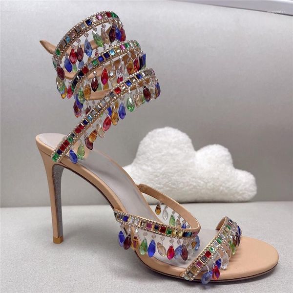 Sapatos de vestido 2023 comércio exterior colorido água diamante jóia tornozelo envolto fino sandálias de salto alto sexy na europa e américa