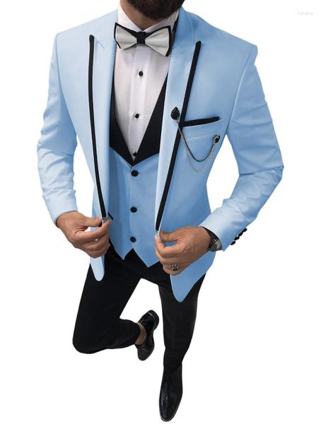 Ternos masculinos 2023 mais recente casaco calça projetos formais homens casamento céu azul pico lapela noivo smoking homem blazer 3 peça traje homme
