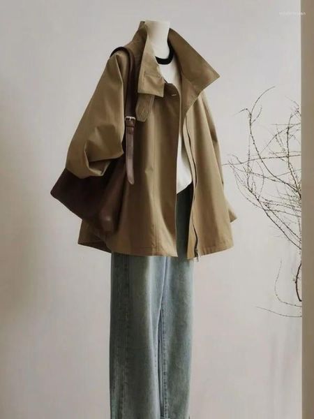 Trench da donna Cappotto corto color kaki Giacca vintage autunno Casual americano Cargo Wear Elegante abbigliamento semplice Cerniera 2023 Moda