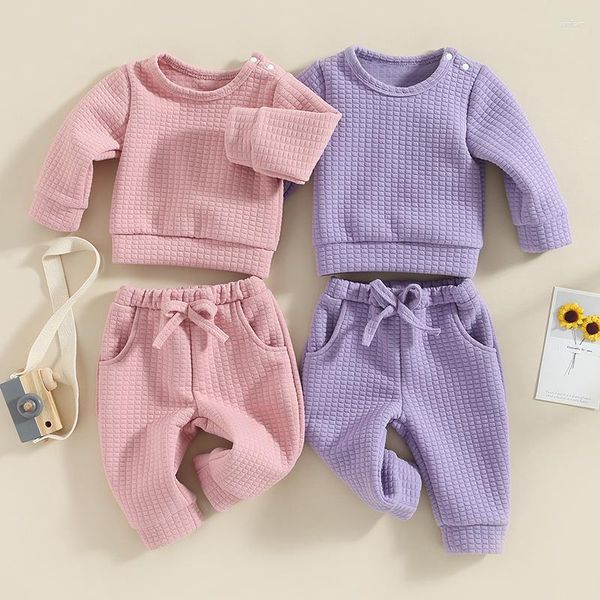 Set di abbigliamento Primavera Neonate Ragazze 2023 Vestiti Solid Waffle Manica lunga O-Collo Pullover Felpe Top Pantaloni con coulisse Abiti