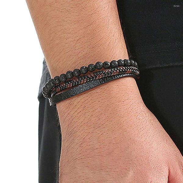 Charm Armbänder Punk Lederarmband Männer Naturstein Vulkan Roter Tiger Titanstahl Handgefertigte Weberei