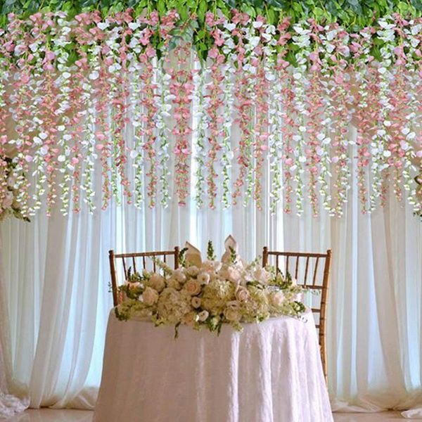 Flores decorativas casamento orquídea rattan flor de seda artificial videira para casa decoração de jardim branco pendurado guirlanda parede falsa