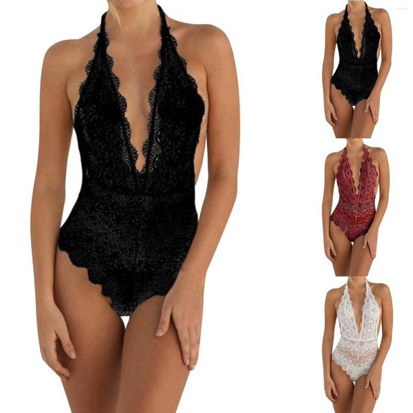 Mulheres sleepwear mulheres profundo v lingerie sexy camisola renda bodysuit roupa interior camisola