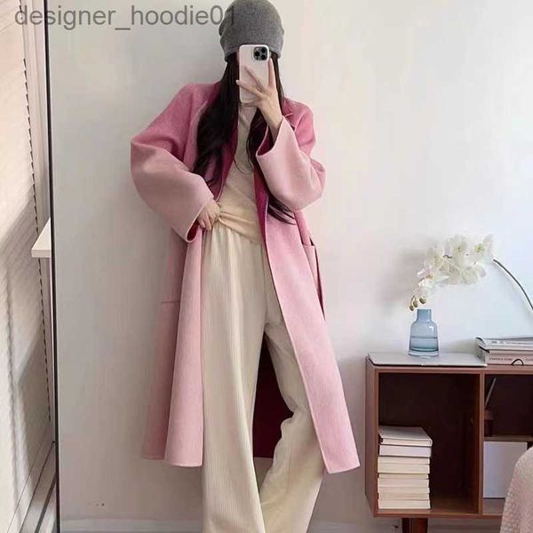 Kadın Yün Karışımları Çift Yüzlü Kaşmir Palto Kadın Gradyan Takım Ana Büyük Boy Yün Ceket Sonbahar Kış Yeni Büyük Cep Moda Korece Coat L230920