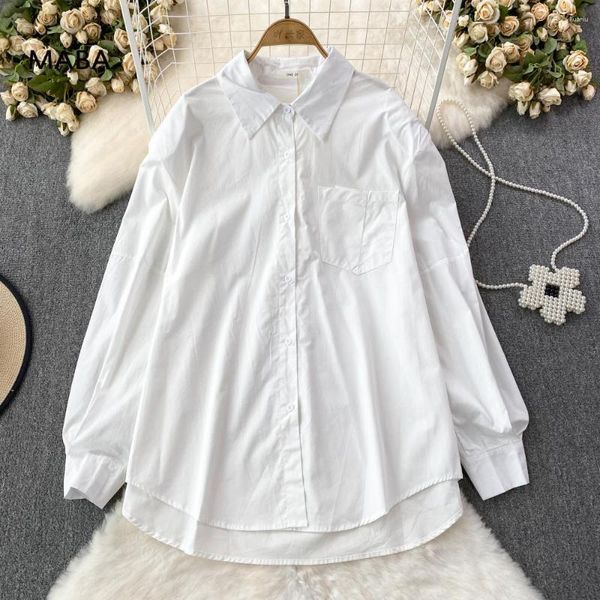 Camicette da donna Camicia da donna 2023 Autunno Bianco/nero Manica lunga Colletto rovesciato Camicetta casual allentata Semplice cotone di media lunghezza