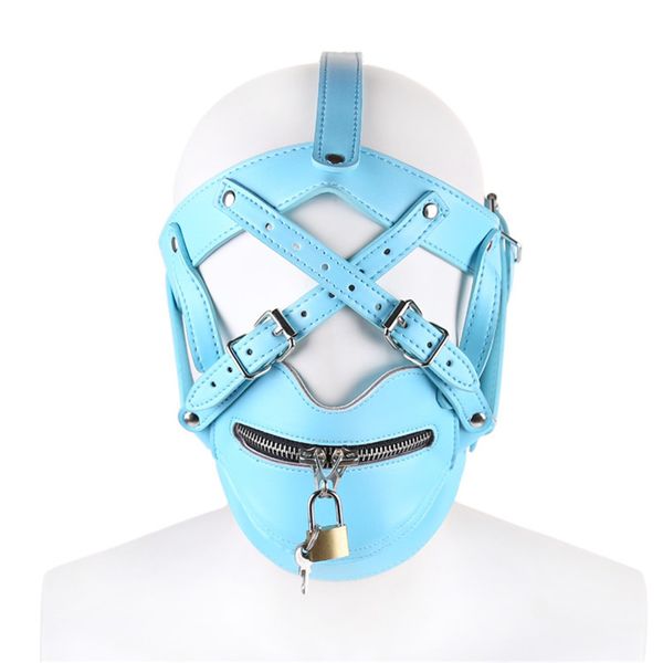 Accessori per costumi 2023 New Blue PU Leather Scava Fuori Bondage Testa Cappuccio Cerniera Maschere per il viso Cosplay Party Maschera per la testa sexy per uomo con serratura