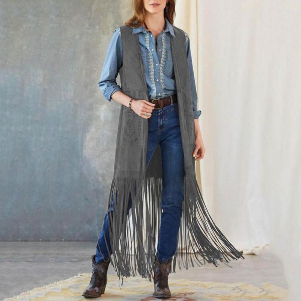 Kadın Yelek Yaması Cepler Yelek Boho-Chic Saçak Yelek 70s Hippi Hırka Kovboy Cosplay Vibes Woman Western Western