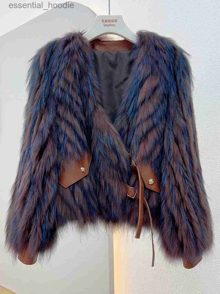 Женское меховое пальто из искусственного меха, новинка 2023 года, зима, сшитая в тонкую полоску, короткая стильная тонкая шуба из меха енота, лисья шуба, молодое женское пальто L230920