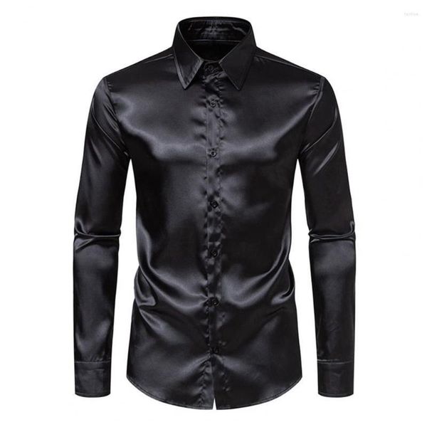 Camisas casuais masculinas seda como camisa de cetim de manga comprida vestido de ajuste fit