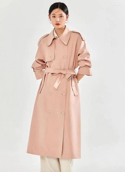 Casacos de Trench das Mulheres Top Quality Long Outerwear 2023 Outono Inverno Mulheres Turn-down Collar Dupla Breasted Casual Khaki Rosa Overcoat