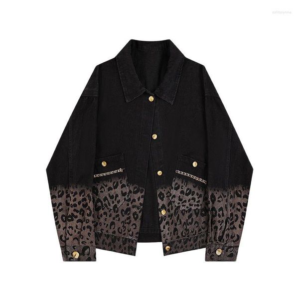 Damen Trenchcoats Lässiger schwarzer amerikanischer Retro-Leopardenmuster-Kontrast-Jeansmantel High Street Chain Fashion Short Jacket Top