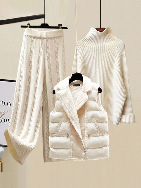 Женские спортивные костюмы высокого качества, зимний теплый комплект из трех предметов, женский вязаный свитер с высоким воротником, жилет из овечьей шерсти, широкие брюки, спортивный костюм 230919