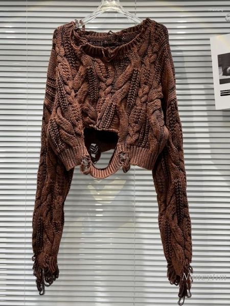 Suéteres femininos 2023 outono buracos curtos suéter rua personalização design rasgado grosso tecido y2k malha