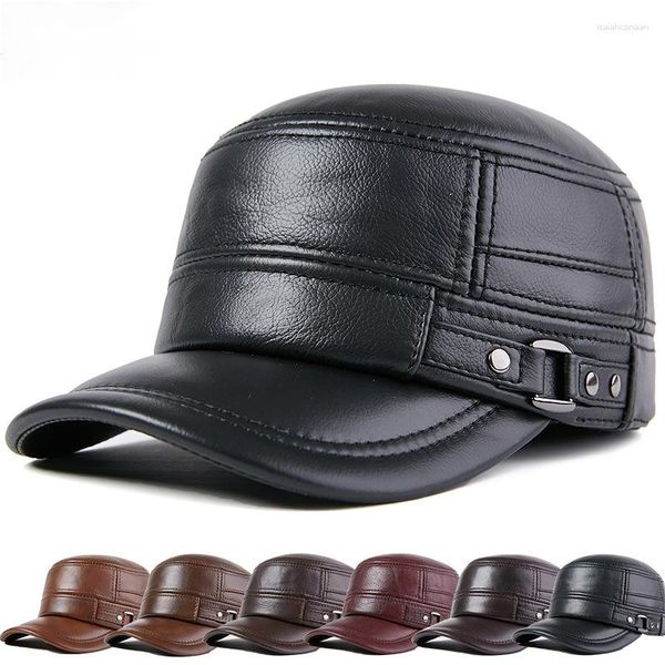 Berets Natural Couro Clássico Homens Inverno Peaked Cap Quente Beisebol Ajustável Militar Cadete Exército Flat Top Hat com Earflap