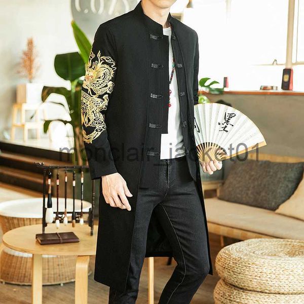 Trench da uomo 2023 Primavera Uomo Stile cinese Giacca lunga giacca a vento Uomo Streetwear Abiti orientali Uomo Trench cinese mandarino J230920