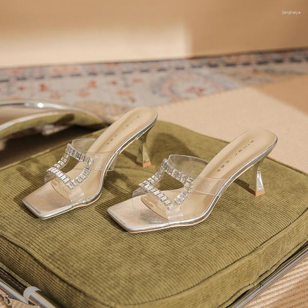 Chinelos senhoras strass prata cristal claro pvc saltos finos festa de casamento graça mulheres sapatos de verão 7cm sandálias mules
