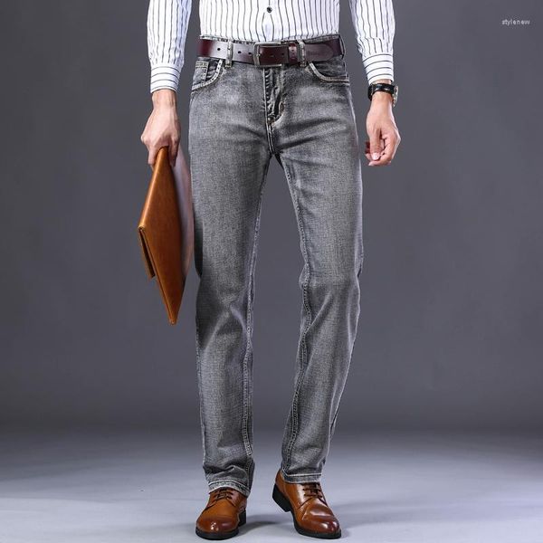Jeans masculinos cinza 2023 outono inverno homens negócios casual clássico baggy reto elástico angustiado marca calças masculinas