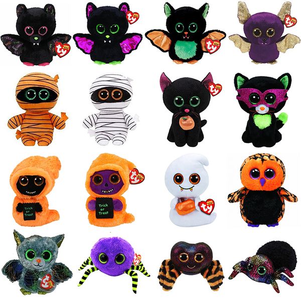 Halloween brinquedos 15cm ty beanie série grandes olhos morcego múmia gato fantasma aranha bonito macio animal boneca crianças presentes para crianças 230919