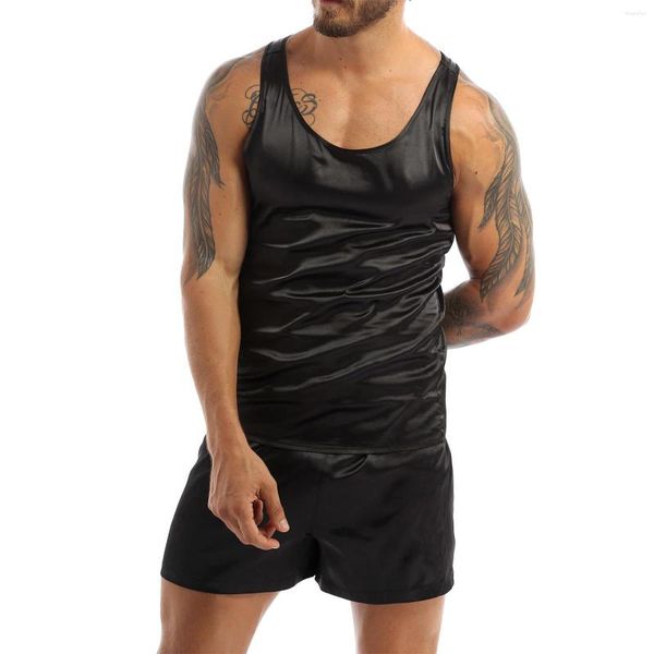 Herren-Nachtwäsche ZDr Herren Satin-Pyjama-Pyjama-Set Pijama Sommer Omewear ärmellose Oberteile sortiert Anzug zweiteilig