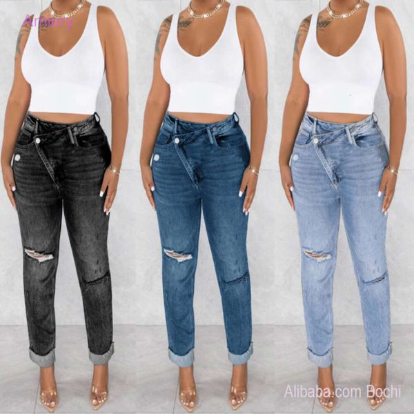 Jeans firmati al dettaglio plus size 3xl Pantaloni casual personalizzati da donna Foro diagonale con fibbia Jeans elasticizzati Femme Pantaloni da donna sexy