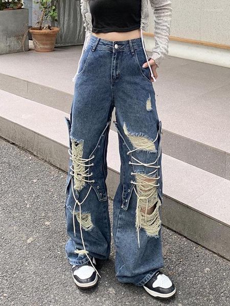 Jeans femininos hip hop buraco mulheres streetwear retro solto y2k denim calças americano cintura alta outono casual bf harajuku calças