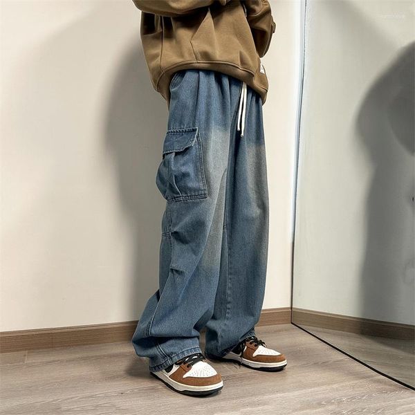 Herren Jeans Blau Baggy Männer Übergroße Retro Pocket Cargo Japanische Streetwear Hip Hop Lose Weites Bein Herren Denim Hose