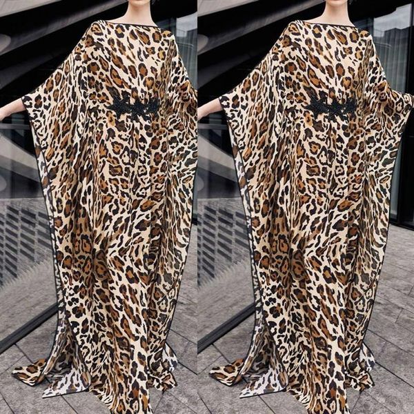 Leopardo maxi vestido solto divisão férias biquíni envoltório estrela impressão em torno do pescoço manga longa túnicas de praia fashion286j