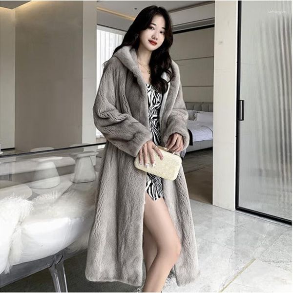 Pelliccia da donna stile coreano elegante signora grigio cappotto lungo manica con cappuccio soprabito finto visone giacca donna inverno spesso caldo capispalla