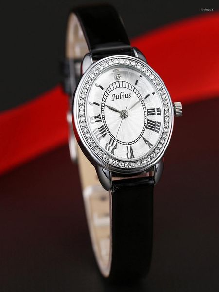 Relógios de pulso pequeno oval strass julius senhora relógio feminino japão quartzo elegante moda horas pulseira de couro caixa de presente da menina