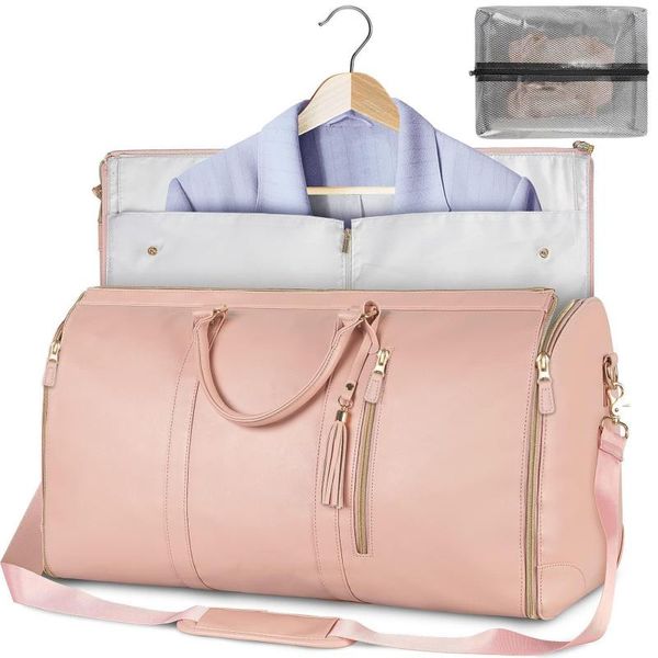 Duffel Bags À Prova D 'Água Grande Pu Couro Carry On Garment Duffle Com Sapatos Bolsa Para Viagens 2 Em 1 Pendurado Mala