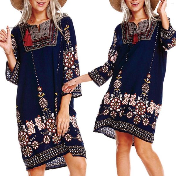 Freizeitkleider Damen Boho Bohemian Print Sommer Strand Knielanges Kleid Brautparty Outfit für Gäste