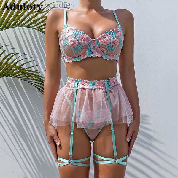 Conjunto Sexy Aduloty Novo Conjunto de Lingerie Erótica Bordado Requintado Grande Flor Perspectiva Tentação Pequena Saia Sexy Roupa Interior Feminina 3 Pc L230920