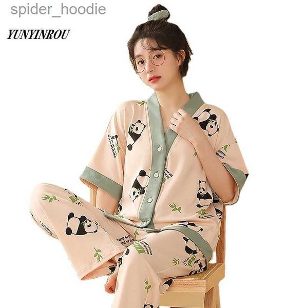 Lounge de sono feminino primavera cartoon panda pijamas kawaii meninas jovens conjuntos de pijama feminino pijamas pijamas femininos loungewear pijamas mujer homewear l230920