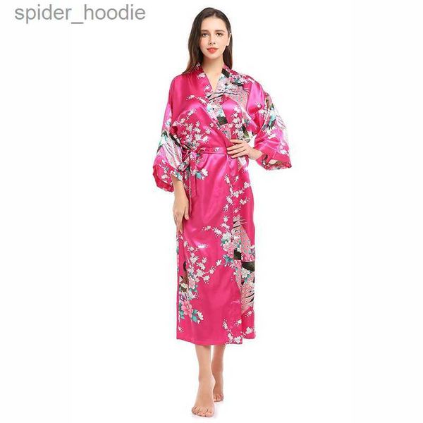 Женский халат для сна, женское кимоно, халат с павлиньим цветком, свадебный атласный халат, ночная рубашка L230920