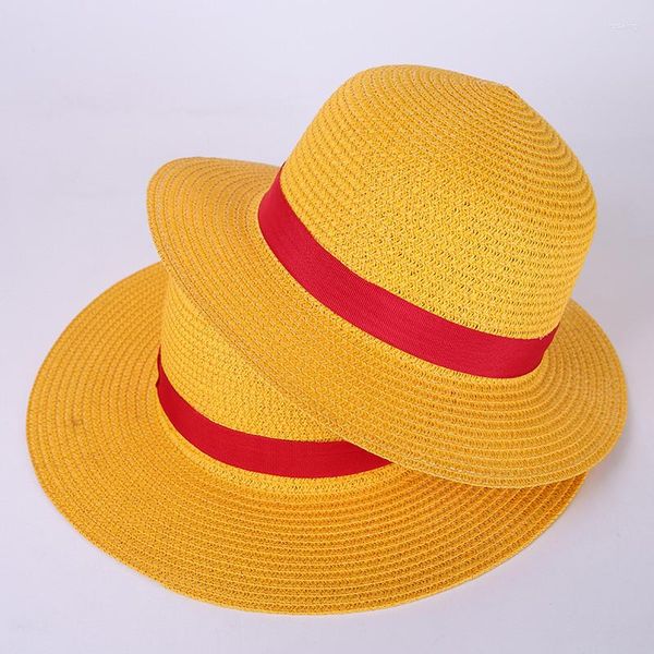 Party Masken 2 stücke Gelb Strohhut Anime Cosplay Hüte Japanische One Piece Luffy Cartoon Kappe Nette Feste Kappen liefert