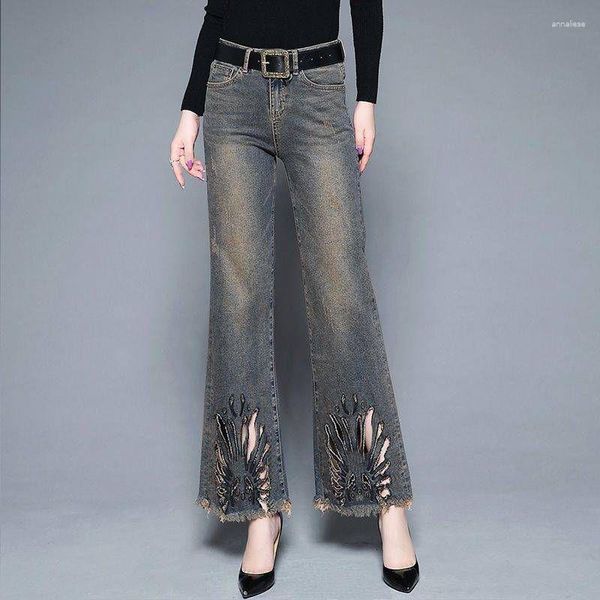 Jeans da donna Design originale ricamato da donna a vita alta tasca con bottoni autunno cerniera lavato sbiancato fare vecchi pantaloni svasati dritti larghi