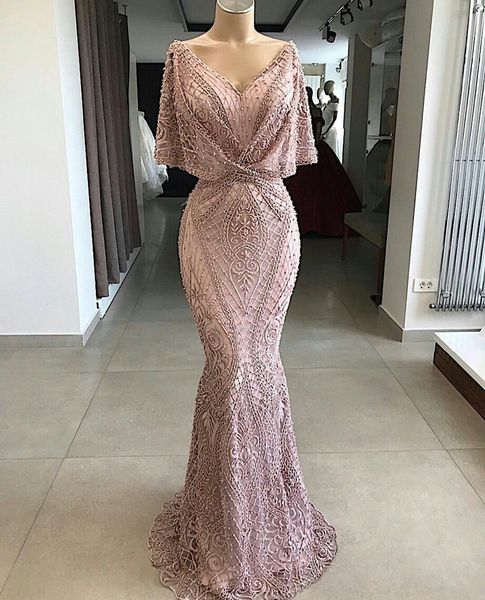 2023 Dusty Rosa Árabe Vestidos de Noite Desgaste Vintage Full Lace V Neck Sereia Cristal Beads Prom Dress Formal Party Segunda Recepção Vestidos