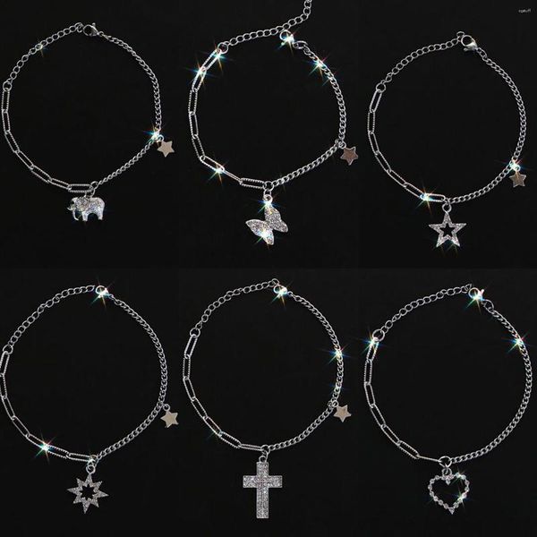 Link pulseiras de aço inoxidável cobre coração estrelas cruz charme claro strass feminino jóias presentes 17cm longo 1 peça