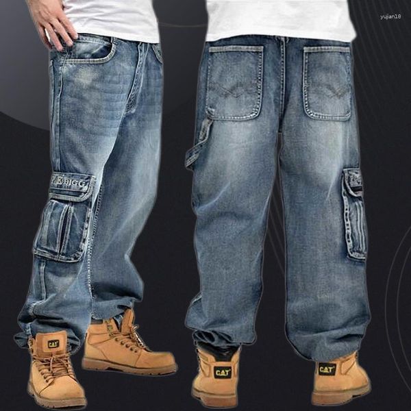 Jeans masculinos moda solta grandes bolsos baggy homens skate casual denim design marca calças tamanho 42 44 46