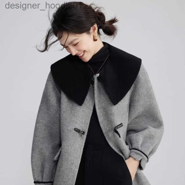 Cappotto da donna in misto lana grigio cashmere double face per le donne in autunno e inverno 2023 Nuovo scialle con collo a bambola di fascia alta per una nicchia semplice e alla moda L230920