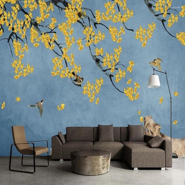 Wallpapers personalizado mural estilo chinês pintura a óleo ginkgo ramos de árvore flores po sala de estar tv sofá fundo não-tecido papel de parede 3d