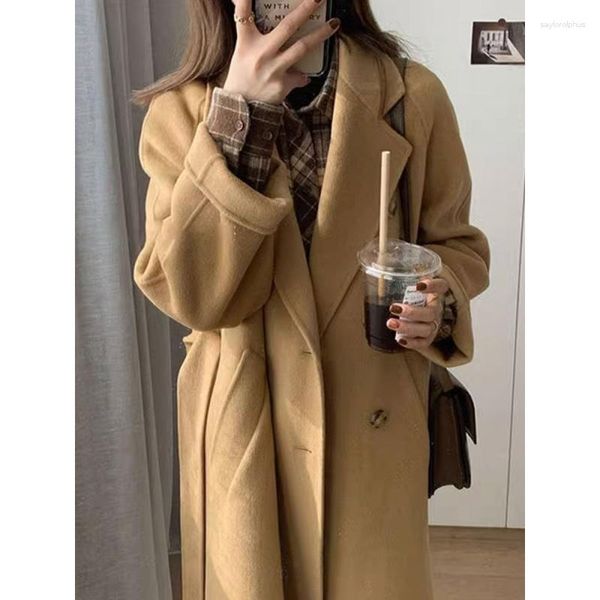 Trench da donna Liquidazione da donna High Sense Fashion Design doppio petto Cappotto di lana autunno e inverno di media lunghezza