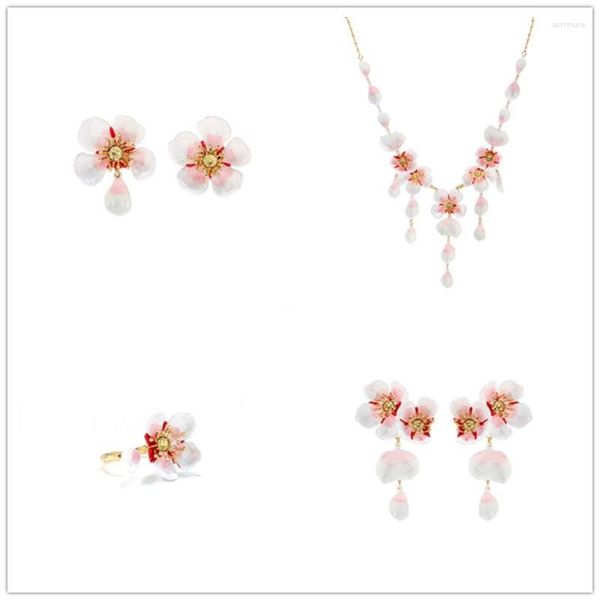 Halskette Ohrringe Set Emaille weiße Kirschblüten Ringe Brosche Schmuck für Frau 2023 Trend